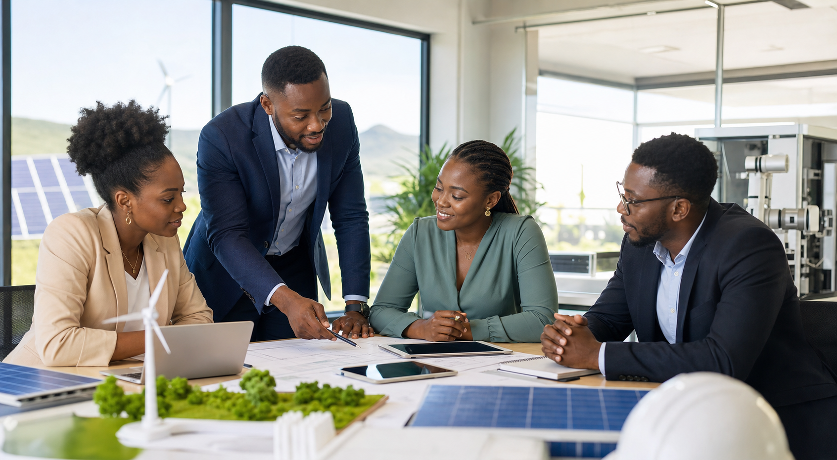 Black African project team collaborating in a bright office
